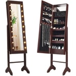 Armoire à Bijoux sur Pied avec 18 led, Angle Réglable,Doublure en Velours Doux 35 × 31,5 x 145 cm (Marron) - Costway