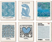 Matisse Wall Art Prints Set of 6, Abstract Blue Matisse Wall Art Exhibition Posters, Modern Blue Matisse Print William Morris Painting Yayoi Kusama Poster Claude Monet Prints, Boho Canvas Art Prints