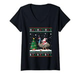 Womens Ugly Christmas Tree Lights Xmas Santa Riding Emu V-Neck T-Shirt