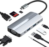 Hub USB C,Adaptateur USB C Multiport 8 en 1 avec HDMI 4K et VGA,2 Ports USB,Port PD 100W,Lecteur de Carte SD et microSD,Port Audio 3,5mm pour MacBook Pro,xPS,et Plus.[W1016]