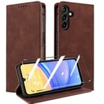 QHOHQ Tenphone Coque pour Samsung Galaxy A15 4G/5G [avec A15 Verre Trempé], [RFID Blocage], Etui Protection Housse Premium en Cuir PU, [Multifonctionnel] Magnétique Flip Case (Rétro) - Café