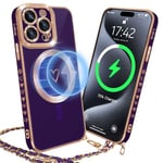 HZLFCZL Coque pour iPhone 15 Pro Max avec La chaîne,Compatible avec MagSafe,Protection de lentille de caméra,Luxe en Forme de cœur avec Chaine Soft TPU Phone Case for iPhone 15 Pro Max-Violet Foncé