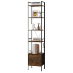 WOLTU Bibliothèque Étagère Rangement, Étagère d'angle à 5 Niveaux, Étagère Colonne, Étagère sur Pied avec 1 Tiroir, 40x30x187cm, Cadre en Métal, Marron Rustique+Noir, RGB63vbn