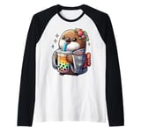 Kiwi Bird Drinking Bubble Tea Japanese Kimono Raglan Baseball Tee