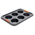 Le Creuset Non-Stick Carbon Steel Fluted Tart Tin Tray 6 Cup, Forged Aluminium, Black, 94102939000000