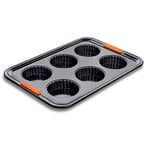 Le Creuset Non-Stick Carbon Steel Fluted Tart Tin Tray 6 Cup, Forged Aluminium, Black, 46055000010000