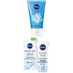 NIVEA routine visage Gel Nettoyant Fraîcheur, gel purifiant et nettoyant visage pour peaux normales à mixtes (1x150 ml) et Soin De Jour 24H Hydratant Fraîcheur FPS15,crème hydratante visage (2x50 ml)