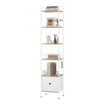 WOLTU Bibliothèque Étagère Rangement, Étagère d'angle à 5 Niveaux, Étagère Colonne, Étagère sur Pied avec 1 Tiroir, 40x30x187cm, Cadre en Métal, Chêne Clair+Blanc, RGB63whe