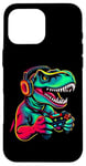 Coque pour iPhone 16 Pro Max Gaming Dinosaurs- Le T-rex joue aux jeux vidéo