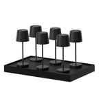 Lot de 6 mini lampes de table touch sans fil en aluminium LED KELLY MINI BLACK blanc dimmable H22cm avec plateau de chargement