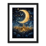 Artery8 Golden City in the Clouds Surreal Artwork Blue Gold Crescent Moon Starry Night Fairytale Artwork Framed Wall Art Print 18X24 Inch