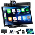 LAMTTO Wireless Car Stereo for Apple CarPlay Android Auto, 9 Inch Portable Car Audio Receiver with 4K Dash Cam, 1080P Rear Camera, Carplay Screen Radio with Bluetooth 5.0/Mirror Link/Siri/GPS/FM/AUX