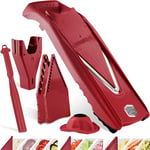 Coupe-Légumes Börner V5 (Plus Set) • Mandoline en V Réglable + Accessoires Supplémentaires + Éplucheur • Avec Lame en V en Acier Inoxydable • Pour Tranches, Bâtonnets, Dés • Rouge