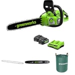 Greenworks 40V 35cm Tronçonneuse, 2 Batteries 24V 4Ah et Chargeur Double + Greenworks 35cm Chaîne + Greenworks 35cm Barre de chaîne + Sac à déchets de jardin Greenworks 120 L