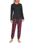 MoFiz Pyjama Femme Ensembles de 2 Pièces Vêtements de Nuit Manche Longue Haut Col Rond et Pantalon Long à Carreaux avec Poignets A58 Noir EU XL(US L)