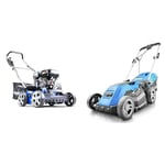 Hyundai 212cc Petrol Lawn Scarifier and Aerator, 400mm Cutting Width, 5 Cutting Heights, 45L Grass B & HYM3800E 1600W 230V Corded Electric Rotary Lawnmower With Rear Roller, 38cm Cutting Width