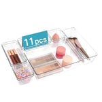 Vtopmart 11 Pack Kitchen Drawer Organisers Set, 4-Size Versatile Bathroom and Vanity Drawer Organizer Trays, Clear Plastic Storage Bins for Makeup, Bedroom, Kitchen Gadgets Utensils and Office