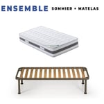 Matelas 80x190 x 23 cm + Sommier + pieds Offerts avec contact latex densité 80 Kg/m3 - Tissu 100% Coton - Soutien Ferme