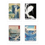 Wee Blue Coo Classic Paintings Hokusai Amida Falls Koson Heron Utagawa Sea Off Satta Naruto Whirlpool A4 Poster Pack of 4 Wall Art