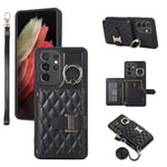 Phone Case For Samsung Galaxy S21 Ultra 5G Wallet Cover with Crossbody Shoulder Strap and Leather Credit Card Holder 360°Rotation Ring Kickstand Stand Cell S21ultra 21S S 21 21ultra G5 Girls Black