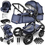 KIDUKU® Poussette Combinée 3 en 1 | Trio pour Enfants | Siége Auto Légère, Piable | Nacelle Souple Convertible | Set de Voyage (Bleu)