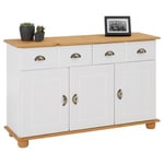 Buffet COLMAR commode bahut vaisselier meuble bas rangement avec 2 tiroirs et 3 portes, en pin massif lasuré blanc et brun