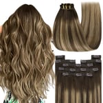 YoungSee 150g Extension a Clip Cheveux Humain Ombre 55 cm Extension a Clip Cheveux Naturel Brun Fonce avec Blond Extensions Cheveux Naturels a Clips pour les Cheveux Longs 7pcs Hair Extensions Clip in