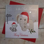 WHITE COTTON CARDS To The Best Mummy Merry, Handmade Christmas Card. (Elephant & Monkey, Code xx14-103)