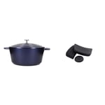 MasterClass Lightweight Casserole Dish with Lid, Cast Aluminium, Metallic Blue & MCMCASS3PC Pan Handle Sleeve Set for Cast Aluminium Casserole Pots, Easy Grip Silicone, 3 Pieces