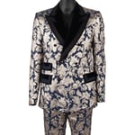 DOLCE & GABBANA Flower Jacquard Velvet Double Breasted Suit Silver Blue 12303