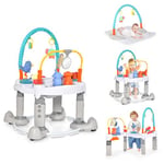 DREAMADE Jumperoo Bébé/Siège Sauteur Bébé avec Roues&Hauteur Réglable 4 en 1 Centre d'Activités Assis-Debout Bébé 0-24Mois avec Siège Tournant 360°,Musique,Jouets,Charge 25KG (Gris)