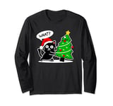 Funny Black Cat Tee Pushing Christmas Tree Over Cat What? Long Sleeve T-Shirt