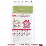 Pack of 3 Tea Towels 100% COTTON Country Kitchen Home Sweet Home Dish Drying Set