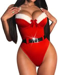 RSLOVE Costume de Noël Bodysuit Mère Noël Lingerie pour Femmes Col V Teddy Babydoll Rouge XL