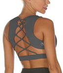 icyzone Strappy Sports Bra for Women - Gym Workout Yoga Bra with Removable Cups (L, Dark Gray)