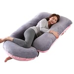 Coussin de Grossesse pour dormir, Coussin d'allaitement,Grand Coussin allaitement en forme de U de maternité avec Housse en Velours remplaçable et Lavable (Rose&Gris-Velours)