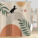 Rideau de douche Boho 180x200, Hnmdmyi Mid Century Abstract Noir Chat Vert Feuille Arc Soleil Lune Beige Rideau de baignoire Moderne Minimaliste Géométrique Esthétique Art Rideau de bain avec crochets