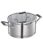 Küchenprofi Cook Bologna Cocotte en acier inoxydable avec couvercle en verre de sécurité, convient à l'induction, bec verseur, avec passoire fine et grossière, fond multicouche, Ø 20 cm