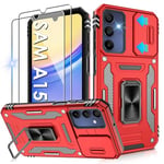 Jshru for Samsung A15 Phone Case with Screen Protector [2 Pack] and Slide Camera Cover,Galaxy A15 Shockproof Protection Case,Ring Kickstand Phone Cover for Samsung Galaxy A15,Red