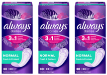 Always Dailies Panty Liners, Fresh & Protect, Normal, 90 Liners, (30 x 3 packs)