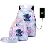 3 st Lilo Stitch Ryggsäck Pojkar Flickor Usb Laddning Skolväska Mochila Tonåring Män Kvinnor Resa Casual Ryggsäckar Set 023