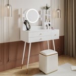 Wishdor - Coiffeuse avec miroir luminosité réglable, 3 tiroirs, accessoires luxueux plaqués or, blanc, sans chaises