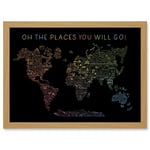 Artery8 World Travel Landmark Line Map Oh The Places You Will Go! Rainbow Black Artwork Framed Wall Art Print A4