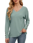 Akiooue Womens Tunic Tops, Ladies Tops Size 14 Women's Blouses and Shirts Long Sleeve Buttons Cuffs Fall Curved Hem Long Tops to Wear with Leggings Green Medium