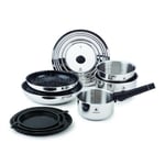 LAGUIOLE, Set de cuisine 10 pièces en acier inoxydable avec revêtement céramique antiadhésif, compatible induction, poignée amovible, 3 casseroles et 2 poêles, Argent