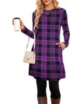 SENBATU Robe Pull Femme Hiver Dames à Manches Longues Robe Noel Femme Robe Tunique Boutons latéraux avec Poches Plaid Violet et Noir XX-Large