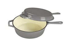 ECHTWERK Cocotte et poêle à griller 2-en-1 Set, Cocotte en fonte avec couvercle, Casserole en fonte avec revêtement émaillé, Convient pour les fours, grills, BBQ et induction, Gris, 2,5 L