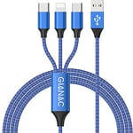 3 in 1 Multi Charger Cable [1.2M] Multiple USB Cable Nylon Braided with Micro USB Type C Lightning Cable Connector for iPhone, Android Galaxy, Huawei, Nexus, Nokia,LG, Sony, PS4-blue