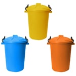 3 x 50L Dustbin Clip lock Lid Home/Garden Waste bin- Yellow+Sky Blue+Orange