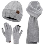 Femme Hiver Chaud Tricoter Bonnet Chapeau Gants Tactiles Longue Echarpe Ensemble avec Doublure Polaire Casquette Crâne, Gris